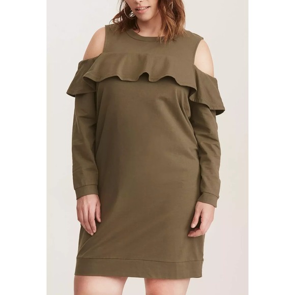 torrid Dresses & Skirts - NWT Torrid Olive Green Ruffled Knit Sweatshirt Dress Cold Shoulder Plus Size 3X